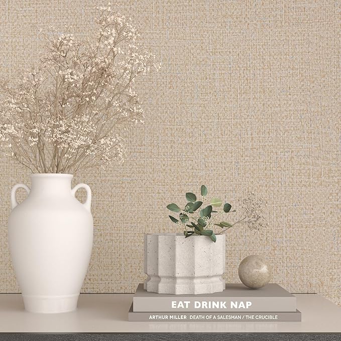 Beige Grasscloth Peel and Stick Wallpaper Prepasted Faux Grass Cloth Textured Wallpaper 15.7"x160" Removable Woven Linen Vinyl Wrap Waterproof Beige Contact Paper for Walls Living Room Shelf