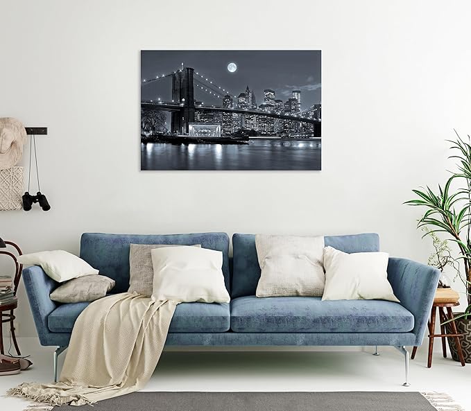 SKASNFAI New York City Canvas Wall Art Brooklyn Bridge Pictures Cityscape Artwork for Home Office Wall Decor Black and White Skyline Posters Prints Framed (16L x 24W)