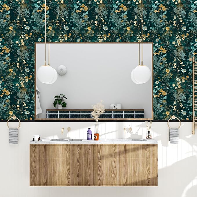 Blue Floral Peel and Stick Wallpaper Boho Leaf Contact Paper Dark Watercolor Removable Self Adhesive Waterproof Wall Paper for Cabinet Drawers Wall Decor Renter Friendly 17.5''x118.1''