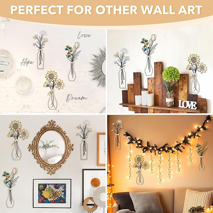 Mcdagogn 3 Pieces Metal Flowers Wall Arts - Rustic Farmhouse Wall Decor, Minimalist Beige Flower Wall Decor for Living room Bathroom Bedroom Laundry Room Kitchen Office - Housewarming Gifts