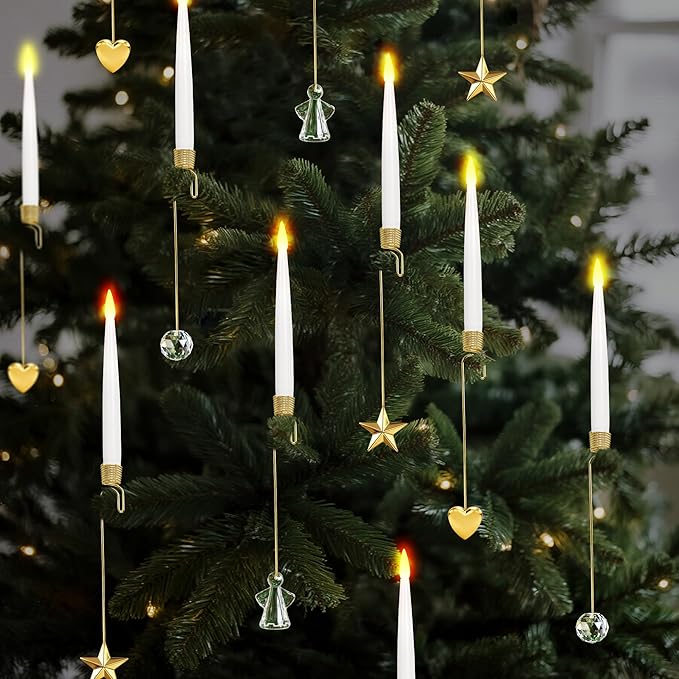 Christmas Tree Candles, 10 Pack Flameless Taper Candles for Christmas Tree Decor, Fake LED Candle Battery Operated with Remote for Xmas Wedding Home Gift with Gold Heart Hook
