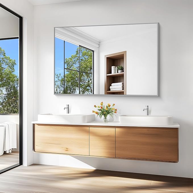 KOCUUY Silver Bathroom Mirror, 55"x36" Large Rectangle Bathroom Mirror for Wall, HD Tempered Glass, Anti-Rust Brushed Silver Frame, Modern Design for Bathroom, Bedroom, Hang Horizontal/Vertical