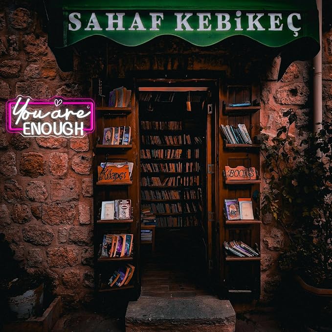 Lucunstar You Are Enough Neon Sign for Wall Decor Neon Pink Light Up Classroom Motivational Wall Decor LED Letter Book Lights Sign for College Room Reading Library Inspirational Gifts for Women Student