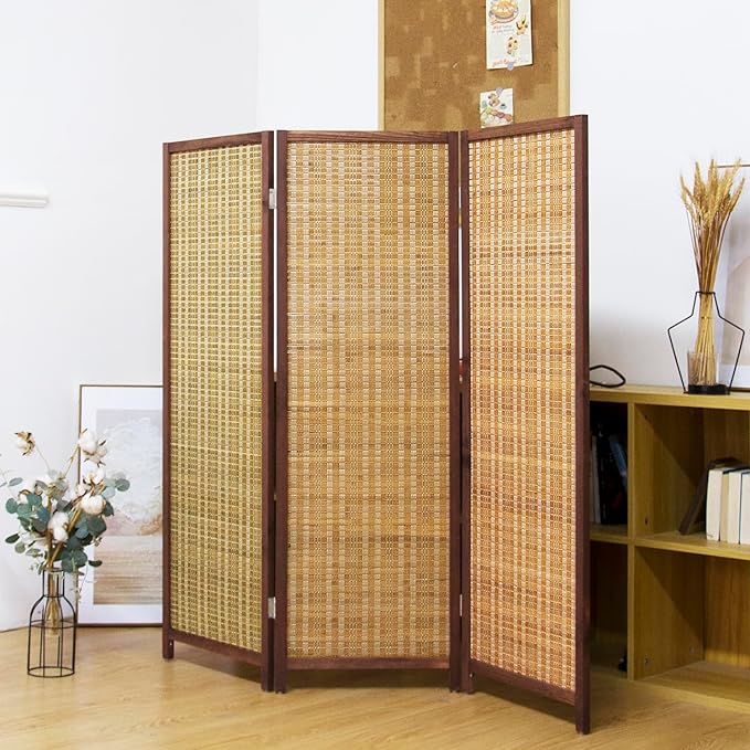 3 Panel Short Panel Divider Screen,3.95 FT Tall Bamboo Room Divider Folding Privacy Screen,Short Panel Divider Freestanding Room Divider for Room Seperation,Brown