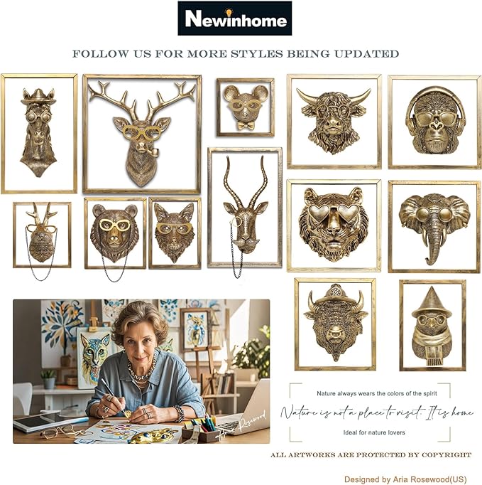 Newinhome Animal Heads Wall Decor (Includes Metal Frame) Resin Animals Sculptures Head Wall Hanging Decoration Gold vintage Wall Sculpture for Living Room Bedroom Office (Gorilla)
