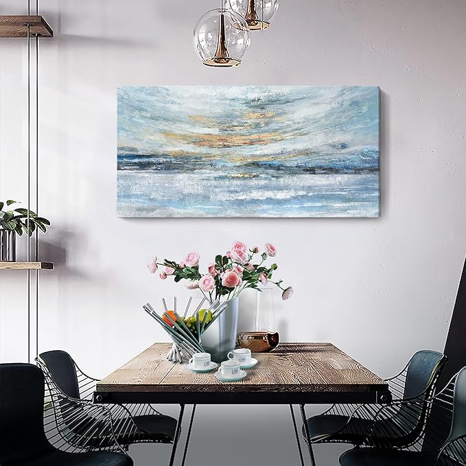 Abstract Wall Art for Living Room Large Framed Light Blue Canvas Print Coastal Theme Artwork Modern Ocean Skyline and Sunset & Sunrise in the Seaside Painting for Home Bedroom Décor 48x24inch