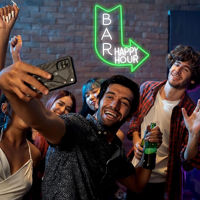 LISIGNVE Bar Happy Hour Neon Sign Adjustable Brightness Happy Hour Neon Light for Wall Decor LED Bar Light Up Sign for Beer Pub Club Party Man Cave (16.5”*12.6”)
