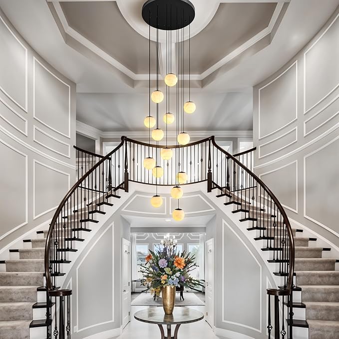 Black Alabaster Staircase Chandelier, 14-Light Modern Marble Pendant Light for High Ceiling Foyer, Luxury Statement Fixture for Entryway & Living Room