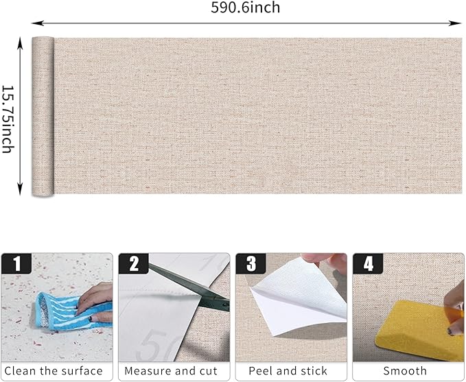 15.75"x590.6" Beige Grasscloth Wallpaper Peel and Stick Removable Textured Wall Paper Self Adhesive Contact Paper Faux Linen Cabinets Drawers Bookshelves Thickened Waterproof Shelf Vinyl Roll