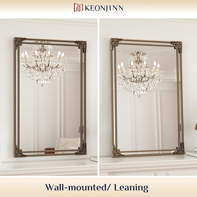 Keonjinn Brass Vintage Mirror for Wall, 40" x 30" Antique Gold Mirrors with Metal Frame, Baroque Style Decoration for Mantle, Bathroom, Living Room, Fireplace, Bedroom, HD Shatterproof Glass