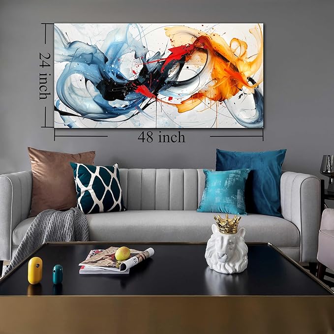 Blue Abstract Canvas Wall Art Bedroom - Modern Wall Art for Living Room Ready to Hang Size 24" x 48"