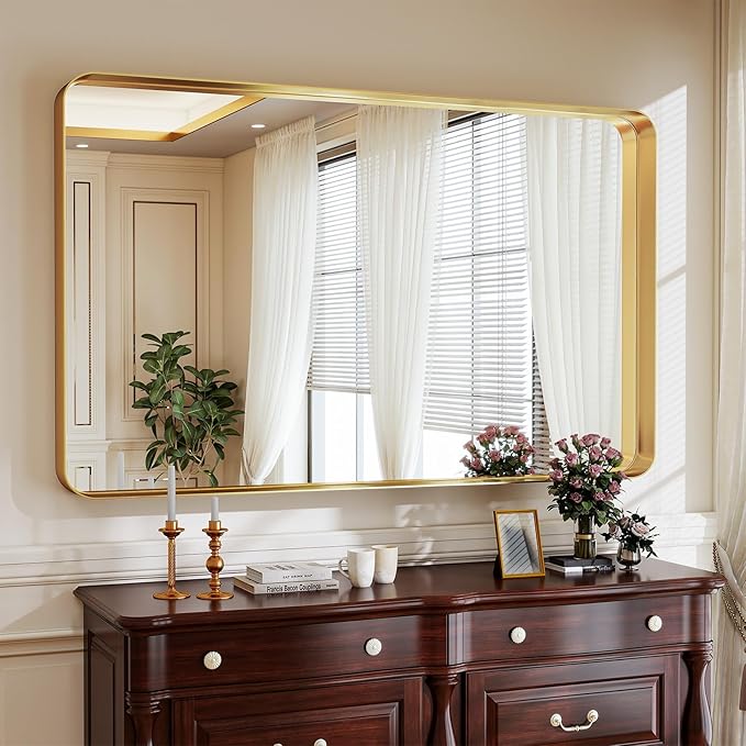 Bathroom Mirror Vanity for Over Sink Wall Mirror - 30x48 Inch Rounded Corner Rectangle Aluminum Frame Mirror,Hangs Horizontally or Vertically for Living Room Bedroom or Entryway Gold