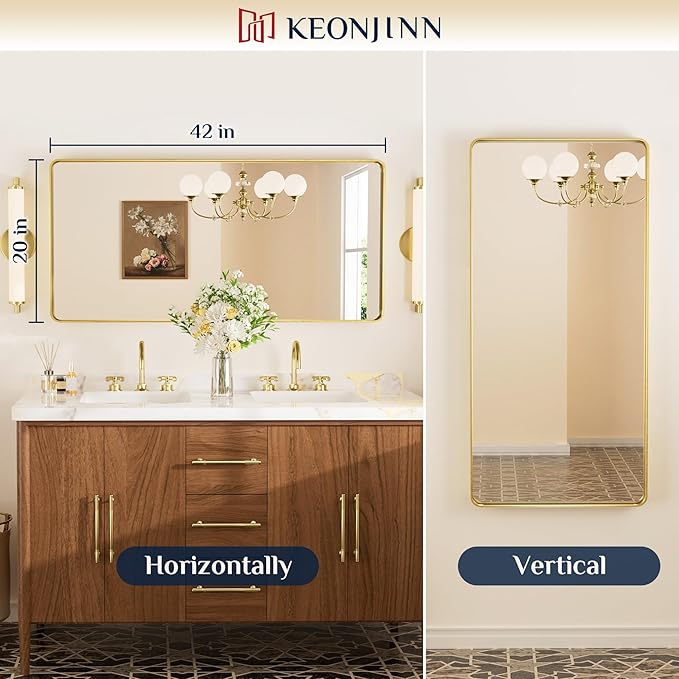 Keonjinn Gold Bathroom Mirrors for Wall 42” x 20” Large Rounded Rectangle Gold Vanity Mirror, Brushed Brass Mirror with Metal Frame, HD Tempered Glass, Decorative Farmhouse Mirror(Horizontal/Vertical)