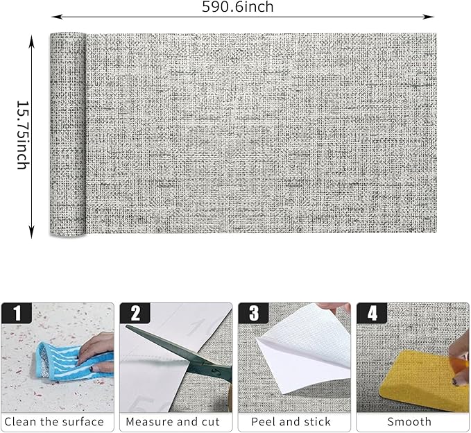 15.75"x590.6" Gray Grasscloth Wallpaper Peel and Stick Removable Textured Wall Paper Self Adhesive Contact Paper Faux Linen Cabinets Drawers Bookshelves Thickened Waterproof Shelf Vinyl Roll
