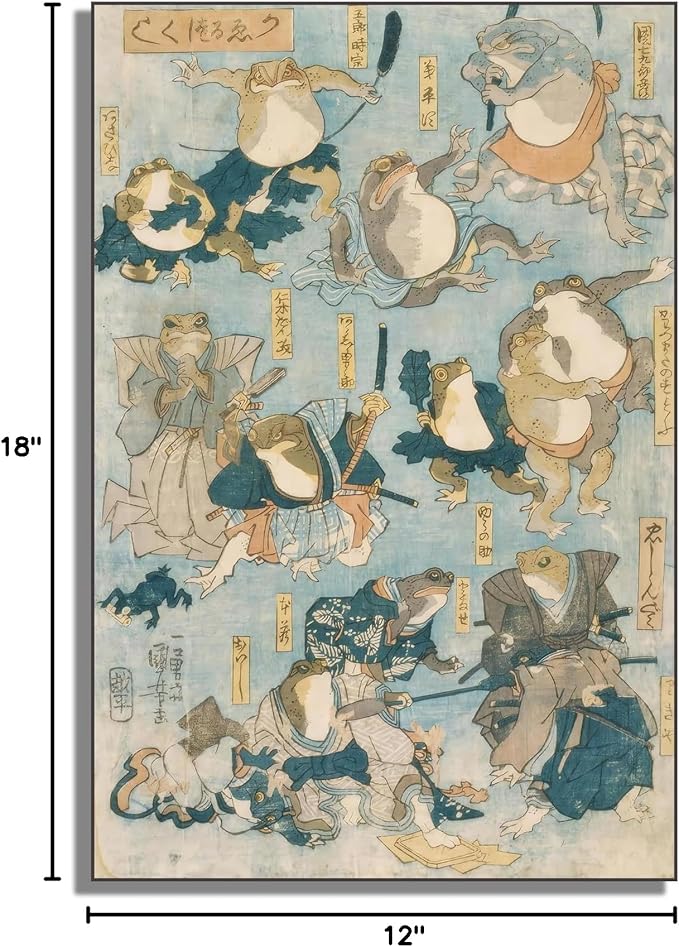 OKRA Utagawa Kuniyoshi Canvas Wall Art Famous Heroes Played By Frogs Poster Japanese Ukiyo-E Woodcut Art Animal Nature Landscape Poster Japanese Classic Wall Decor Unframed 16×24in/40×60cm
