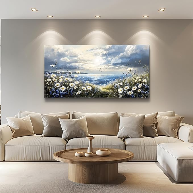 KELIYUAN Large Wall Decor Canvas Painting Wall Art For Bedroom Living Room Decoration Blue Mediterranean Garden Landscape Painting Art Print Picture Room For office Room Bathroom Home Decor 30x60In