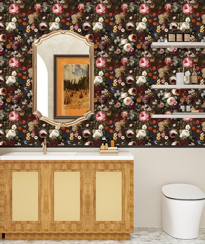 Brown Floral Peel and Stick Wallpaper Boho Leaf Contact Paper Dark Rose Removable Self Adhesive Waterproof Wall Paper for Cabinet Drawers Wall Decor Renter Friendly 17.5''x118.1''