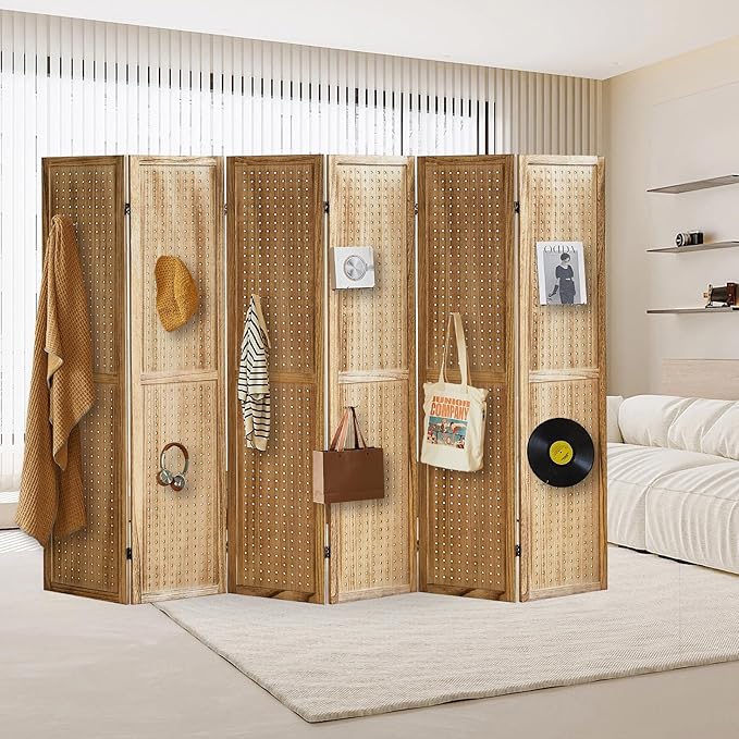 6 Panel Pegboard Display with 24 Hooks, Pegboard Room Divider and Folding Privacy Screens, Partition Room dividers, Wooden Room Divider Wall, Jewelry Store, Bedroom, Balcony, Light Brown