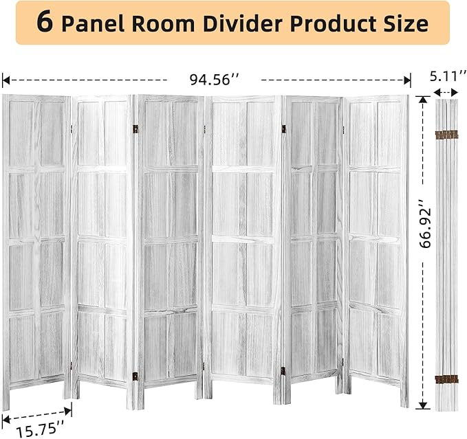 6 Panel Wood Room Divider Screen, 5.6 FT Folding Privacy Screen Room Divider, Partition Divider for Room Separation, Folding Wood Panel Wall Divider for Home Office Bathroom (Retro White)