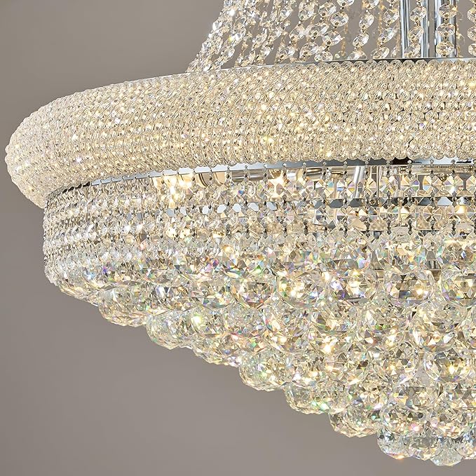 31 Lights Chrome Finish Large Empire Crystal Chandelier - Three-Tier, High Ceiling Chandelier Light fixtures for Foyer Staircase Living Room Entryway (Dia 32'')
