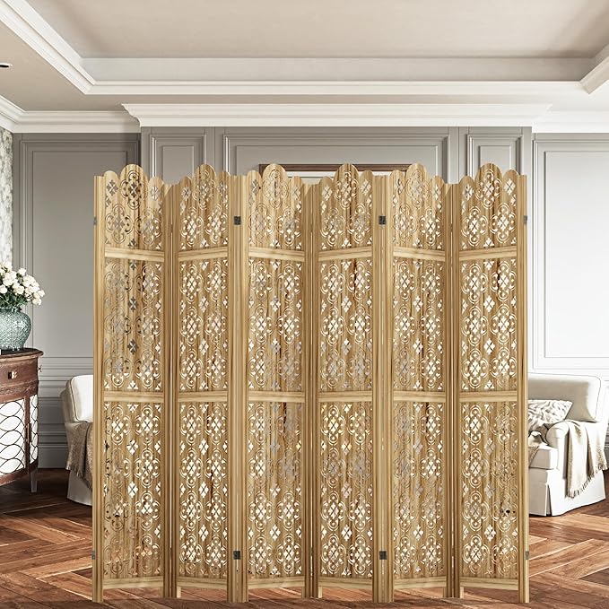 Casaphoria 6 Panels Room Divider, Folding Screen Room Divider with Copper Coin Pattern for Home Office, Restaurant and Bedroom, Paulownia Wood, 95" W x 67" H (Natural)