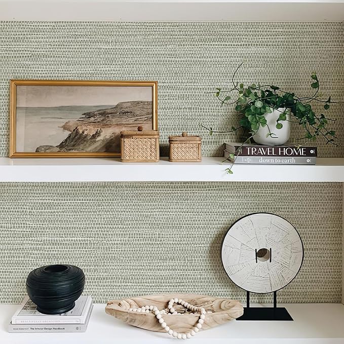 JiffDiff Grasscloth Wallpaper Peel and Stick Cream Grassweave Stick on Wallpaper Textured Self Adhesive Contact Paper 17.3"x118"