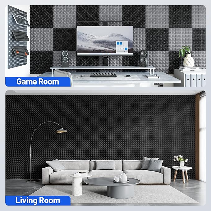 36 Pack Pyramid Sound Proof Foam Panels for Walls with Updated Self-Adhesive 3"X12"X12" High Density Acoustic Panels Sound Absorbing Fast-Expanding Soundproof Wall Panels for Gaming Studio Decor-Black