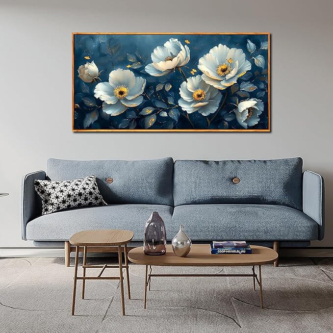 Ouzzlie White Floral Canvas Wall Art for Bedroom Large Blue Wall Decor Plant Picture Artwork 24" x 48"