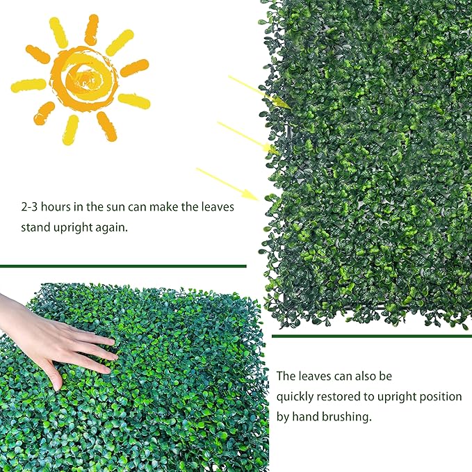 Artificial Boxwood Hedge Wall Panels, 24 X 16 in 12P UV-Anti Faux Greenery Vine Grass Wall Backdrop for Indoor Outdoor Green Plant Wall Decor & Ivy Fence Covering Privacy