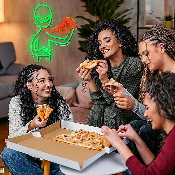 Alien Pizza Neon Sign Dimmable Cool Alien Neon Light Usb Powered Pizza Shop Light Up Sign Tasty Food Led Light Sign for Restaurant Party Bar Pub Man Cave Snack Shop Wall Decor(16.54*12.6 in)