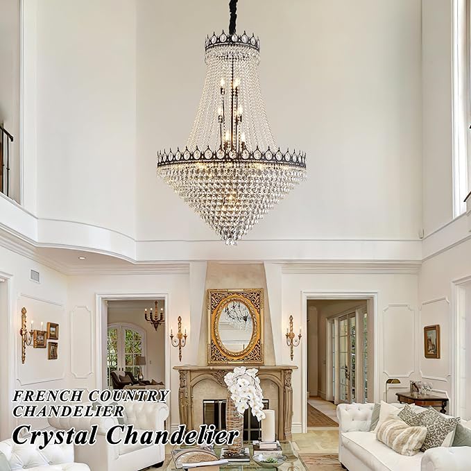 KoKo&Yukina 32" French Empire Crystals Chandelier 26 Light Black Crystal Chandeliers Modern Black Crystal Chandelier Round Large High Ceiling Sloped Hanging Light Fixtures for Hallway Staircase
