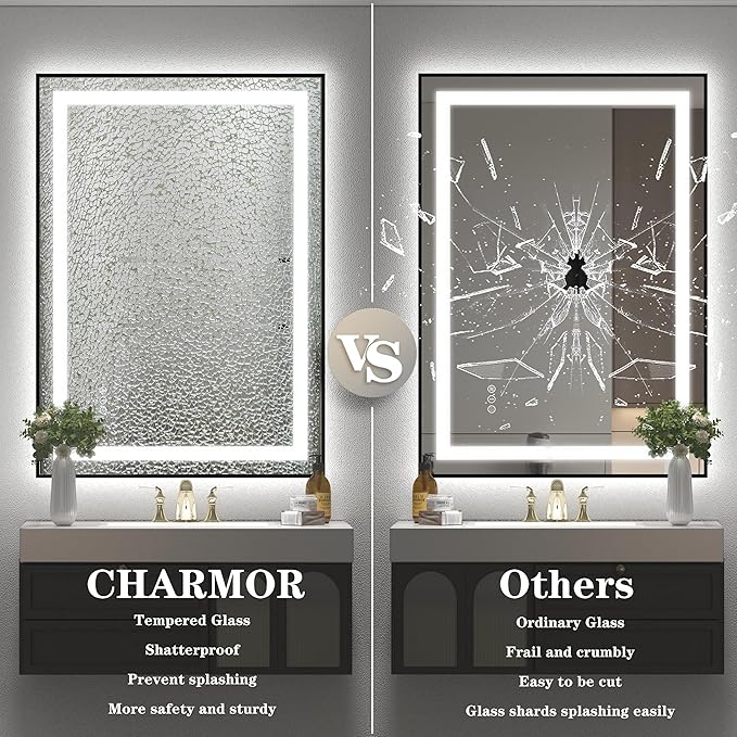 40x36 LED Lighted Bathroom Mirror, Black Frame Vanity Mirrors with Lights, 3 Colors, Anti-Fog, Shatterproof, Backlit and Front Lights, Memory, ETL Listed (Vertically/Horizontally)