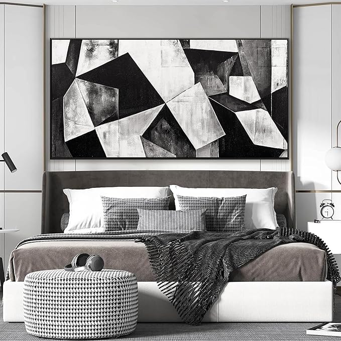 Large Abstract Wall Art For Living Room Geometric Color Block Black And White Wall Art Painting Print Canvas Art Wall Decor Simple Picture Artwork Bedroom Office Home Wall Decor 29" X 58" With Framed