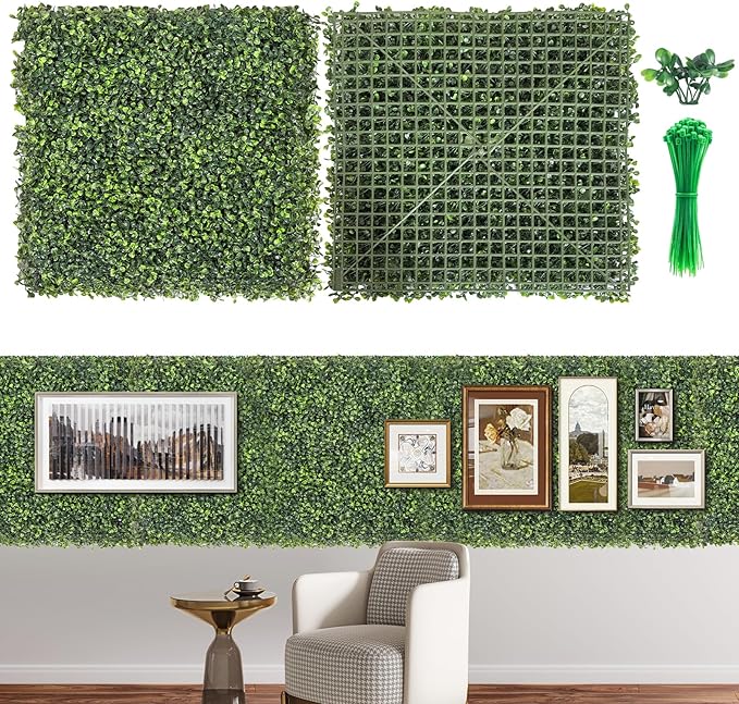 Artificial Grass Wall Panels, 12 PCS 20x20 inch Boxwood Hedge Wall Panels with 100 Zip Ties, Boxwood Panels Backdrop for Outdoor Indoor Decorative Garden Fences Backyard Patio Privacy Hedge