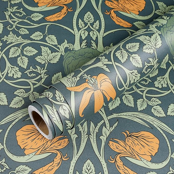 Livelynine Vintage Floral Wallpaper Peel and Stick William Morris Golden Lily Green Blue Victorian Antique Wall Paper Prepasted Dark Floral Contact Paper for Cabinets Waterproof Leaf Flower 17.5x78.8