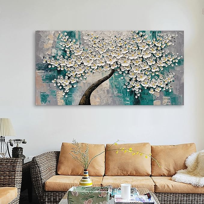 3D Abstract Art Oil Painting White Flower Tree Painting Textured Palette Knife White Flower Painting Modern Canvas Wall Art Home Decoration Home Painting (24x48 inches)