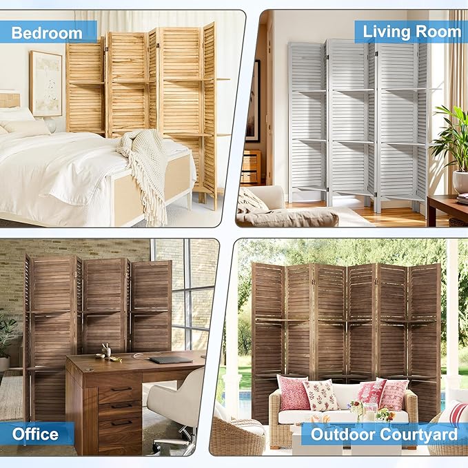 2 PCS Room Dividers 5.6FT Louvered Design 6 Panel Room Dividers with Display Shelves Folding Privacy Screens Portable Freestanding Partition Wall Dividers for Bedroom, Retro White
