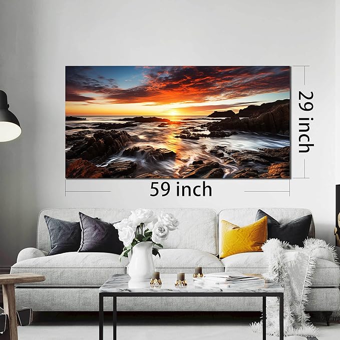 Large Natural Landscape Canvas Wall Art for Living Room, View of Ocean Sunset Panorama Wall-Decor Picture, Coastal Rock Shoreline Sky Canvas Art Piece Print Artwork for Office Bedroom 59x29 Inches