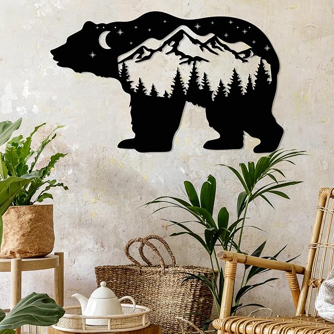 Bear Metal Wall Art, Decorative Mountain Forest Wall Decor, Farmhouse Decor, Large Wall Decorations for Outdoor, Nature & Wildlife Sign, Bear in the Woodland, Animal Wall Art, Hunter Gift