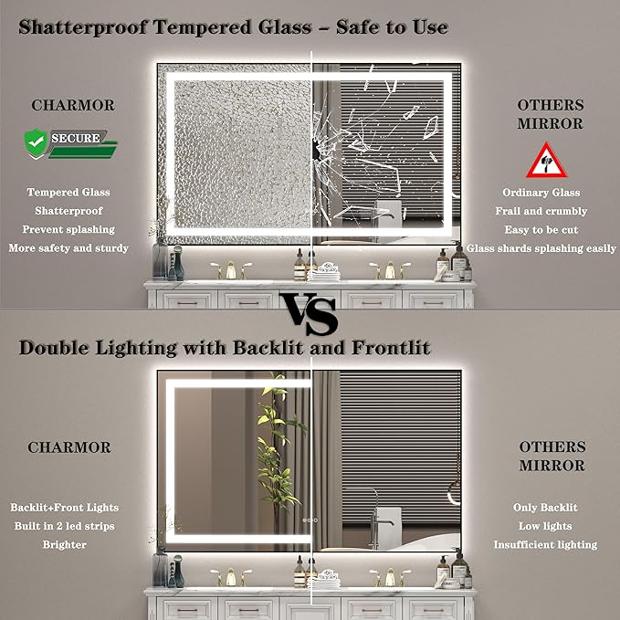 57x36 Framed LED Bathroom Mirrror for Wall, Dimmable LED Vanity Mirror with Lights, Backlit and Front Lighted, Anti-Fog, Shatterproof, Memory (Horizontal/Vertical)