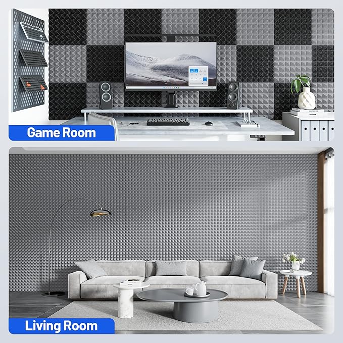 36 Pack Pyramid Sound Proof Foam Panels for Walls with Updated Self-Adhesive 3"X12"X12" High Density Acoustic Panels Sound Absorbing Fast-Expanding Soundproof Wall Panels for Gaming Studio Decor- Gray