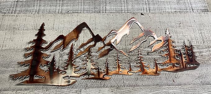 Copper Plated Metal Art Scene - Trees and Mountains (26" x 10 3/4")