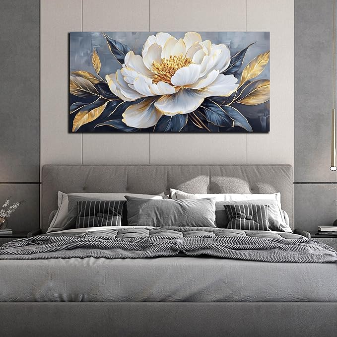 AOZEMI White Flowers Wall Art for Living Room Floral Beautiful Picture Gold Canvas Art Nature Wall Decor Bedroom 24"x 48"