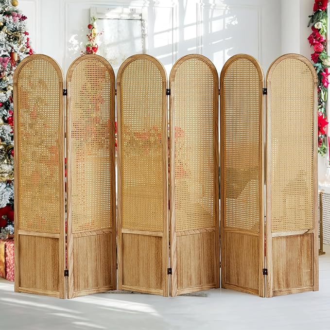 6 Panel Room Divider and Folding Privacy Screen, 5.6 Ft Foldable Double Hinged Rattan Partition, Hand-Woven Rattan Room Divider Portable Wood Freestanding Wall Divider for Room Separation - Natural