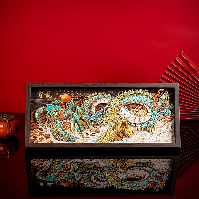 Traditional oriental mythology blue dragon art decorative painting, exquisite carving craft home wall decoration ornaments, creative gifts with classical cultural elements, Chinese style hanging paintings for living room and study