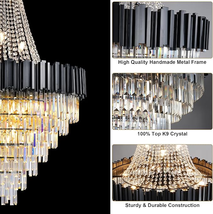 54" Long Crystal Chandelier for High Ceilings, 21-Light Modern Black Large Chandeliers for Staircase, Foyer, Entryway, Living Room, Hallway, Luxury Top K9 Crystal Tiered Ceiling Light Fixture
