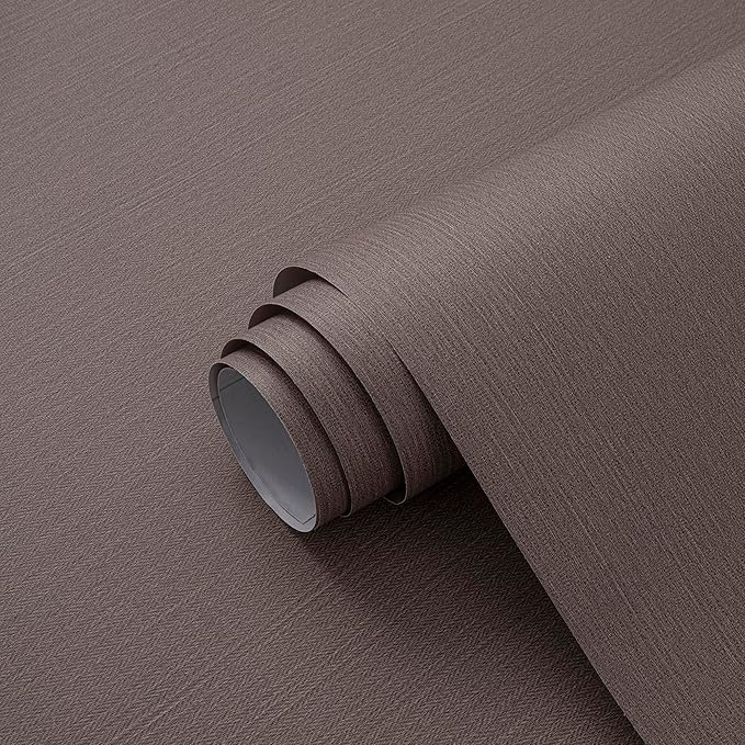 24"x393" Brown Grasscloth Peel and Stick Fabric Textured Contact Paper Linen Wallpaper Vintage Matte Frosted Waterproof Luxury Wallpaper for Bedroom Bathroom Kitchen (Dark Brown)