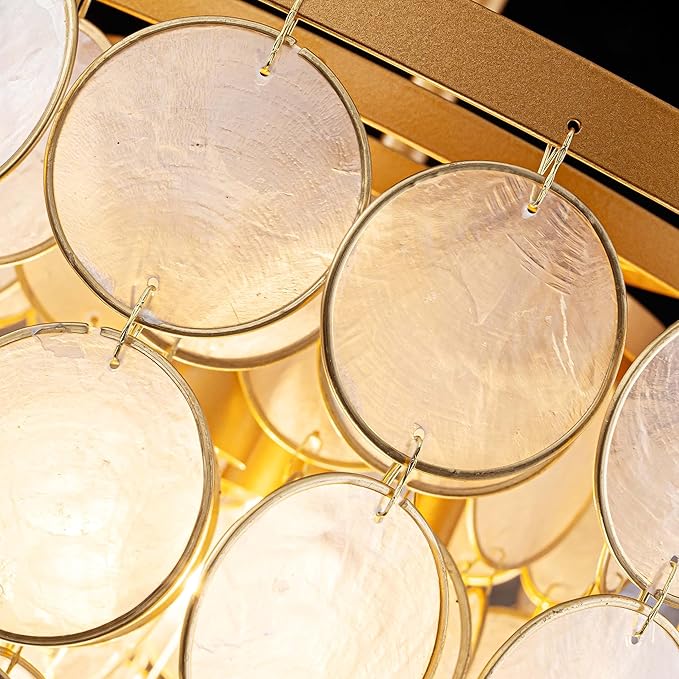4-Lights Capiz Shell Chandelier, Coastal Design Pendant Light Fixture, for Kitchen, Dining Room, Bedroom, Gold Finish, D16.5 * H20~50 Inch Adjustable Height