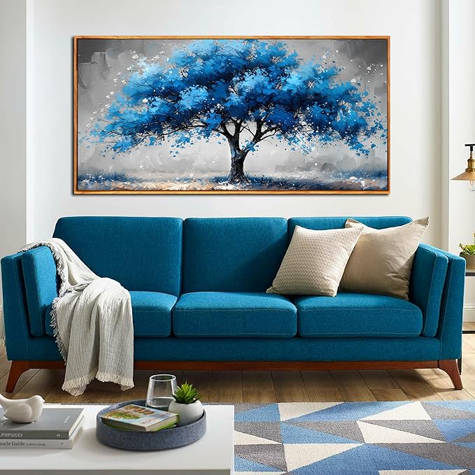 Ouzzlie Tree Wall Decor Light Blue Wall Art for Living Room Gray Painting Large Artwork 29" x 59"