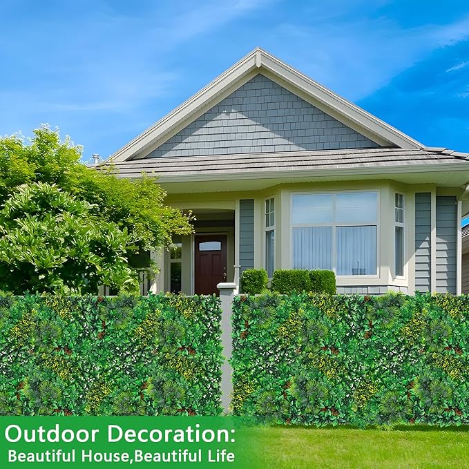 Artificial Grass Wall Panels, 20''x20'' 6pcs Boxwood Wall Panels with Tropical Leaves, Faux Greenery Privacy Fence Screen, Grass Backdrop for Outdoor Indoor Garden Birthday Wedding Decor